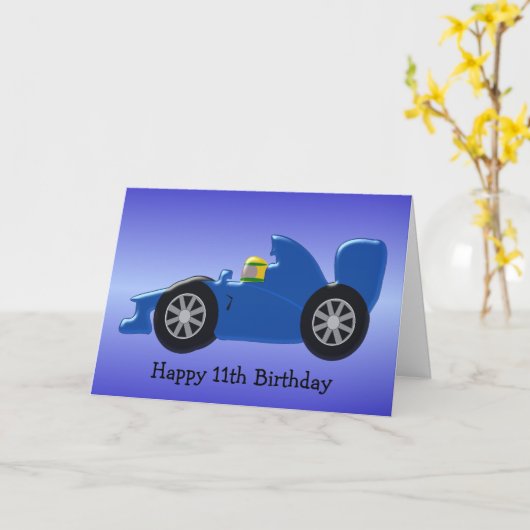 ブルーレーシングカーパーソナライズされた11誕生日 カード (黄色い花)