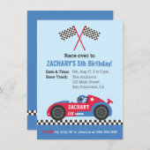 ブルーレーシングカー子供の誕生日パーティー 招待状 (正面/裏面)