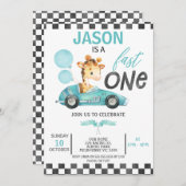 ブルーレーシングカー風船キリン1歳の誕生日 招待状 (正面/裏面)