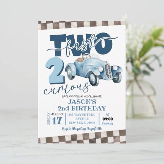 ブルーレーシングカー2速2つの好奇心2番目の誕生日 招待状 (スタンド正面)