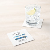 ブルーレーシングカー2nd誕生日パーティー スクエアペーパーコースター (インサイチュ)