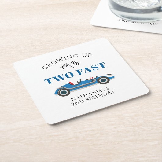 ブルーレーシングカー2nd誕生日パーティー スクエアペーパーコースター (アングル)