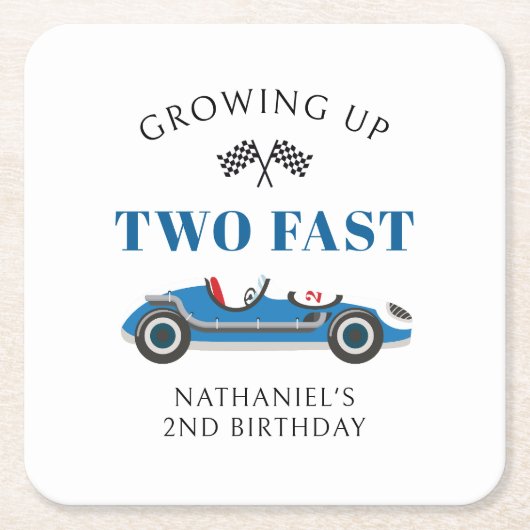 ブルーレーシングカー2nd誕生日パーティー スクエアペーパーコースター (正面)