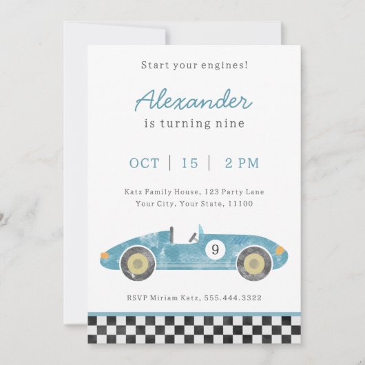 ブルーレースカーの誕生日の招待状 案内状 (正面)