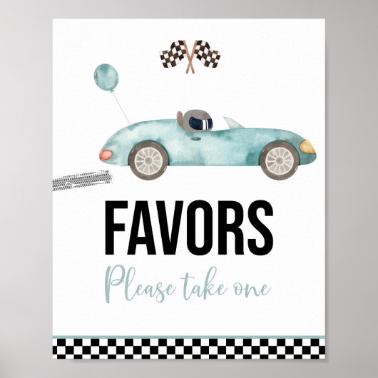 ブルーレースカーの誕生日パーティーの好意サイン ポスター (正面)