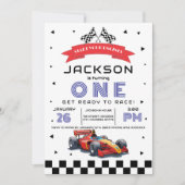 ブルーレースカーをテーマにした任意の年齢の誕生日パーティー 招待状 (正面)