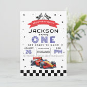 ブルーレースカーをテーマにした任意の年齢の誕生日パーティー 招待状 (スタンド正面)