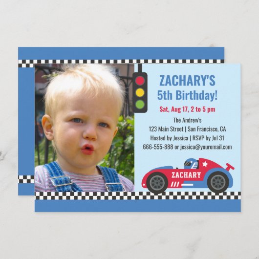 ブルーレースカーをテーマにした少年の誕生日パーティーの写真 招待状 (正面/裏面)