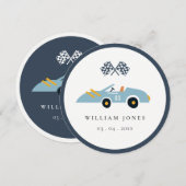 ブルーレースカーキッズバースデーカップケーキトッパーデジタル 招待状 (正面/裏面)