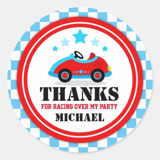 ブルーレースカーサンキューメッセージカード ラウンドシール (正面)
