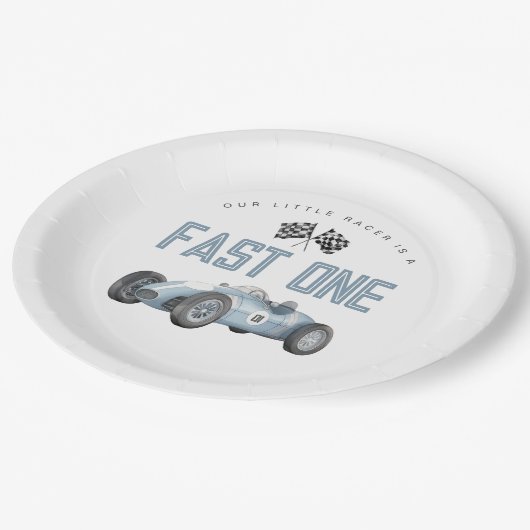 ブルーレースカーファーストワンバースデーパーティー ペーパープレート (アングル)