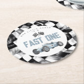 ブルーレースカーファーストワンバースデーパーティー ラウンドペーパーコースター (アングル)