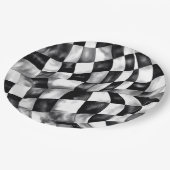 ブルーレースカー市松模様にフの誕生日パーティー ペーパープレート (アングル)