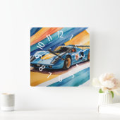 ブルーレースカー水色イエロー スクエア壁時計 (ホーム)