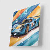 ブルーレースカー水色イエロー スクエア壁時計 (傾斜)