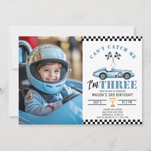 ブルーレースカー私をキャッチできない少年の写真3番目の誕生日 招待状 (正面)