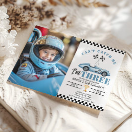 ブルーレースカー私をキャッチできない少年の写真3番目の誕生日 招待状