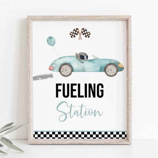 ブルーレースカー給油ステーション誕生日標識 ポスター