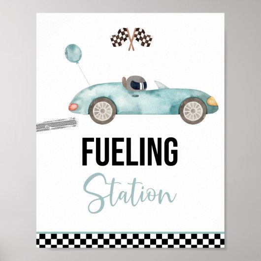 ブルーレースカー給油ステーション誕生日標識 ポスター (正面)