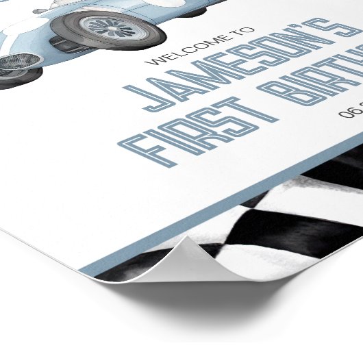 ブルーレースカー誕生日パーティーウェルカムサイン ポスター (角)