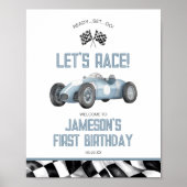 ブルーレースカー誕生日パーティーウェルカムサイン ポスター (正面)