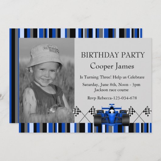 ブルーレースカー誕生日招待状 招待状 (正面/裏面)