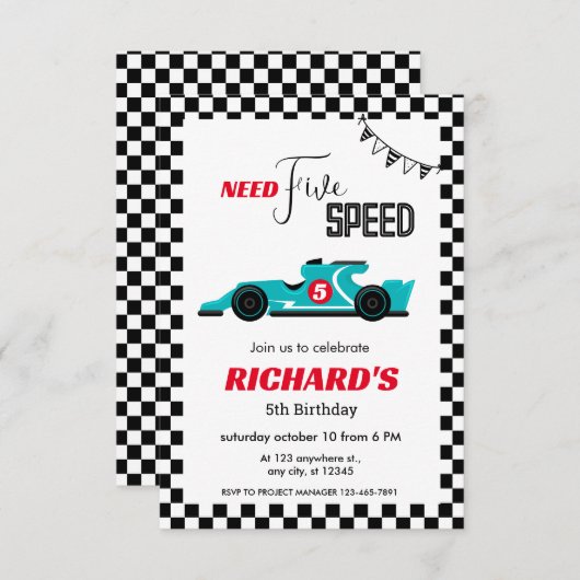 ブルーレースカー誕生日 |必要な速度: 5 招待状 (正面/裏面)