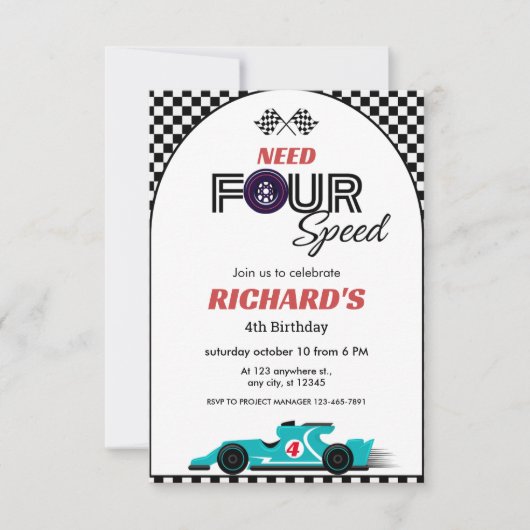 ブルーレースカー誕生日 |4速が必要 招待状 (正面)