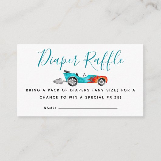 ブルーレースカー赤ちゃんシャワーおむつラッフルチケット エンクロージャーカード (正面)