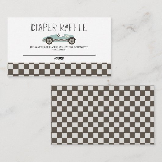 ブルーレースカー赤ちゃんシャワーおむつラッフル エンクロージャーカード (正面/裏面)