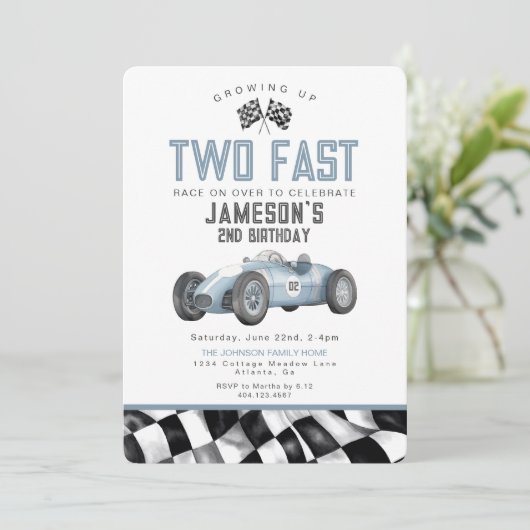 ブルーレースカー2速2番目の誕生日パーティー招待状 (スタンド正面)