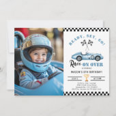 ブルーレースカーAny age Boy写真誕生日 招待状 (正面)