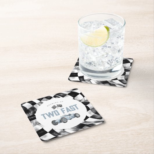 ブルーレースカーTWO速い2番目の誕生日パーティー スクエアペーパーコースター (インサイチュ)