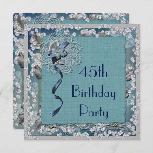 ブルーレース&ダイヤモンド45誕生日 招待状 (正面/裏面)