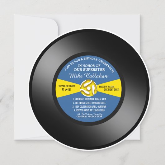ブルーレーベルビニール45回転レコード誕生日パーティー 招待状 (正面)