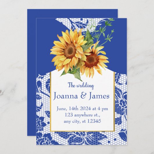ブルーレ王室のースひまわり結婚の花 招待状 (正面/裏面)