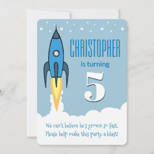 ★ブルーロケット船宇宙誕生日招待状 招待状 (正面)