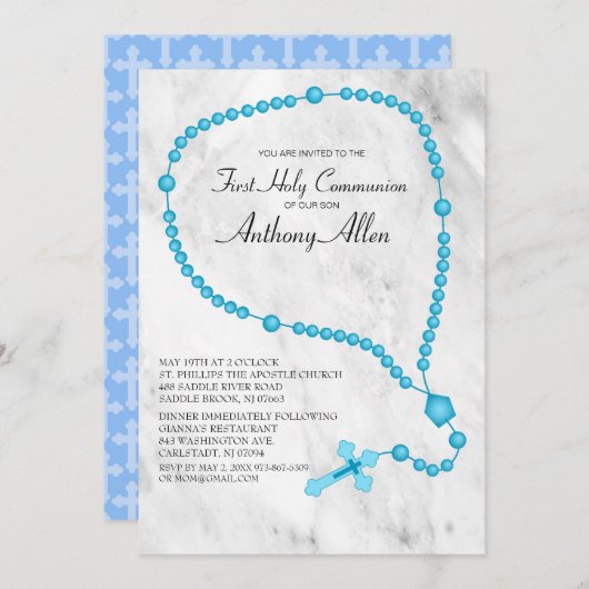 ブルーロザリオビーズファーストホーリーコミュニオン 招待状 (正面/裏面)
