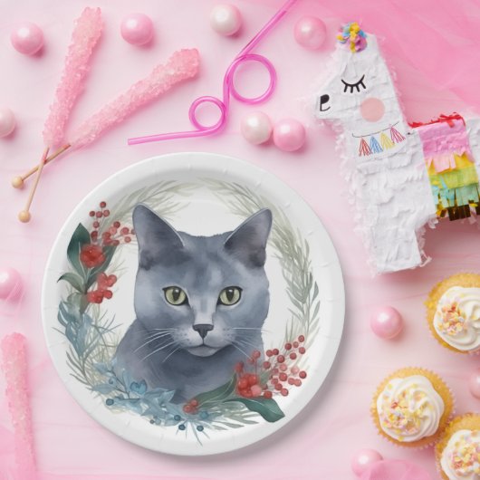 ブルーロシアのキャットクリスマスリースフェスティバルキッテン ペーパープレート (パーティー)