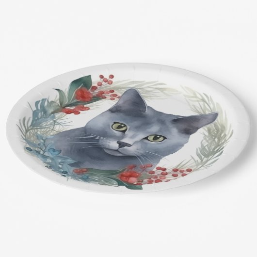 ブルーロシアのキャットクリスマスリースフェスティバルキッテン ペーパープレート (アングル)