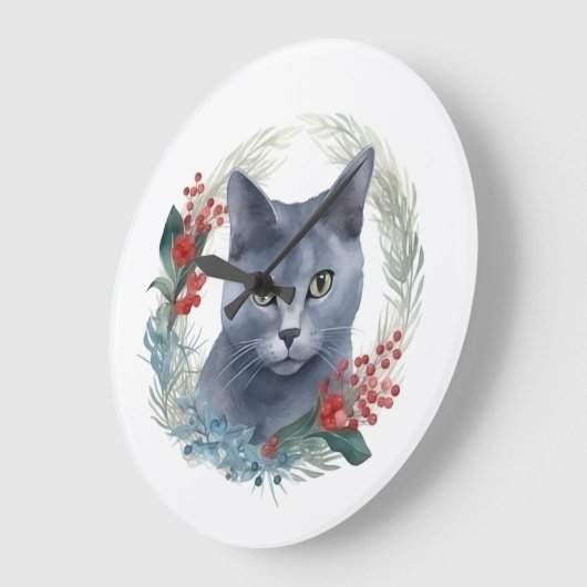 ブルーロシアのキャットクリスマスリースフェスティバルキッテン ラージ壁時計 (傾斜)