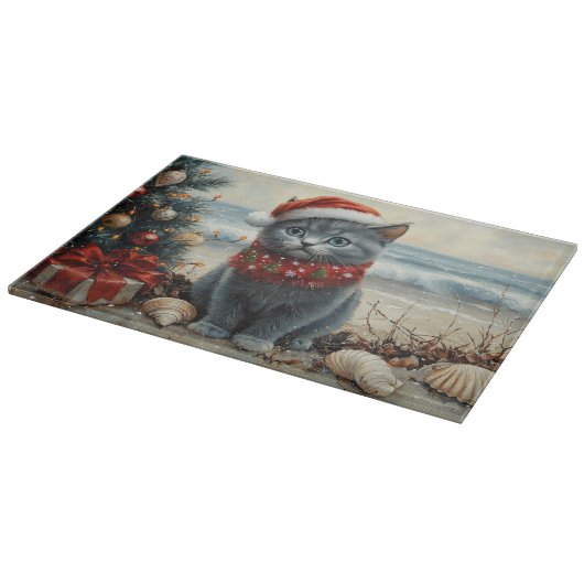 ブルーロシアのキャットクリスマスヴィンテージビーチ カッティングボード (角)