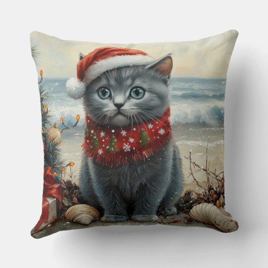 ブルーロシアのキャットクリスマスヴィンテージビーチ クッション (裏面)