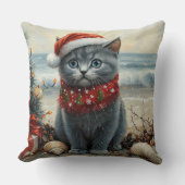 ブルーロシアのキャットクリスマスヴィンテージビーチ クッション (正面)
