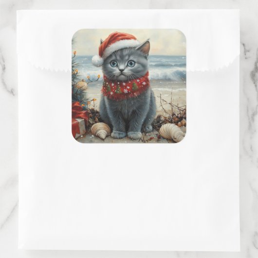 ブルーロシアのキャットクリスマスヴィンテージビーチ スクエアシール (バッグ)