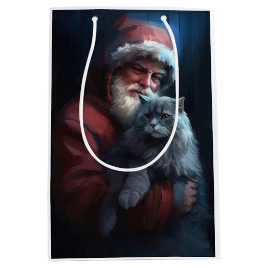 ブルーロシアのキャットサンタクロースフェスティバルクリスマス ミディアムペーパーバッグ (正面)