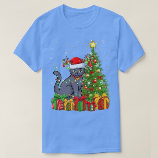 ブルーロシアのキャット照明クリスマスツリーロシアのブルーC Tシャツ (デザイン正面)