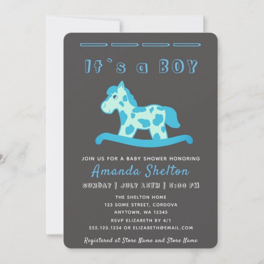 ブルーロッキング馬男の赤ちゃんシャワー招待状 招待状 (正面)