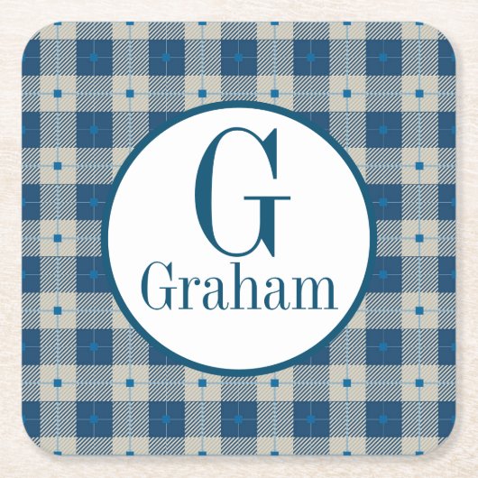 ブルーロッジプレイドモノグラムパーソナライズされた スクエアペーパーコースター (正面)