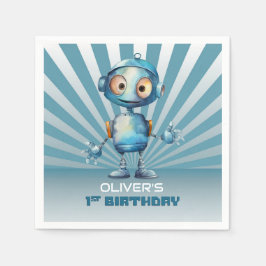ブルーロボットテーマ 1歳の誕生日 スタンダードカクテルナプキン